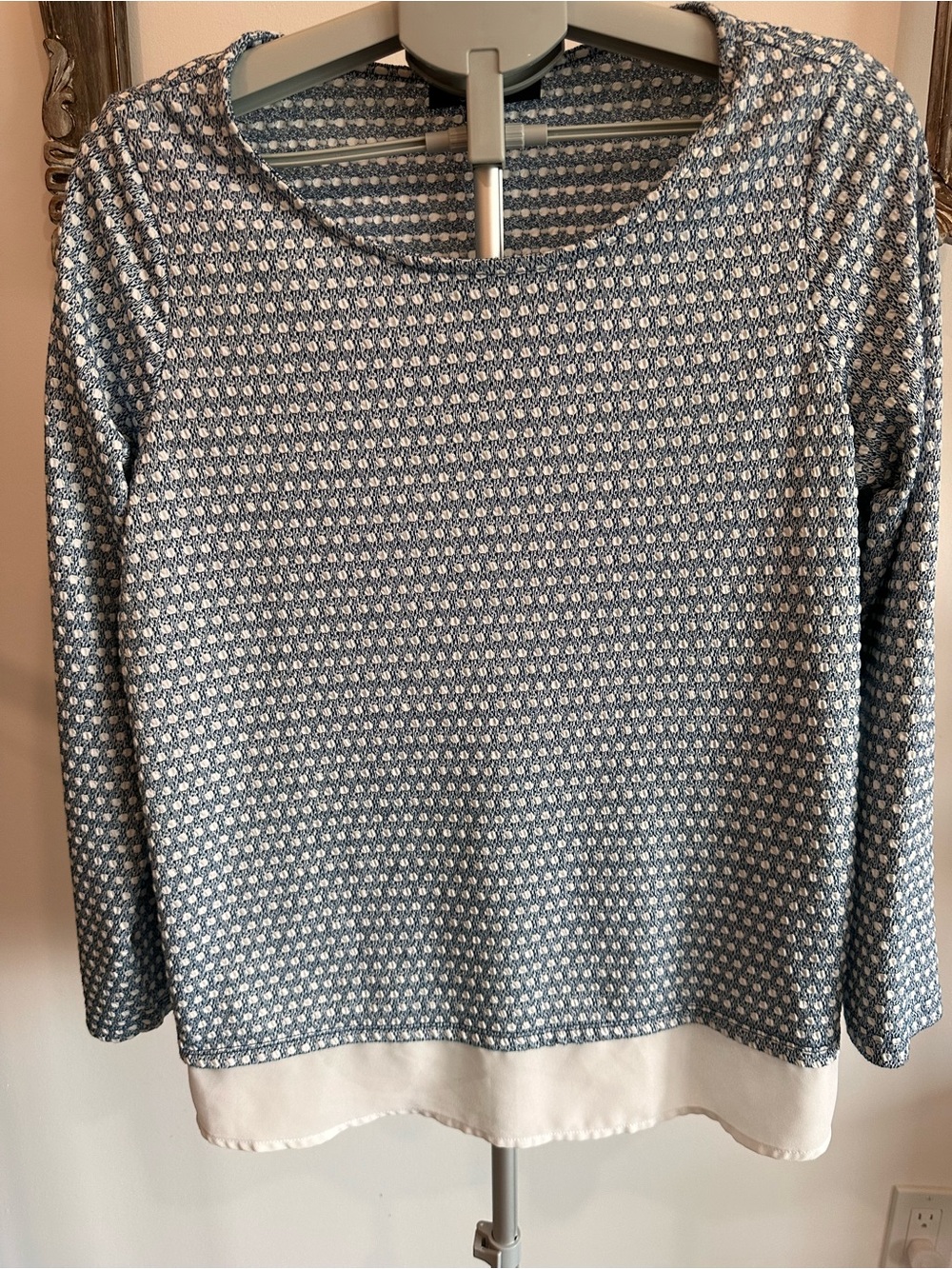 Blue Patterned Long-Sleeve Top with Cream Layered Hem